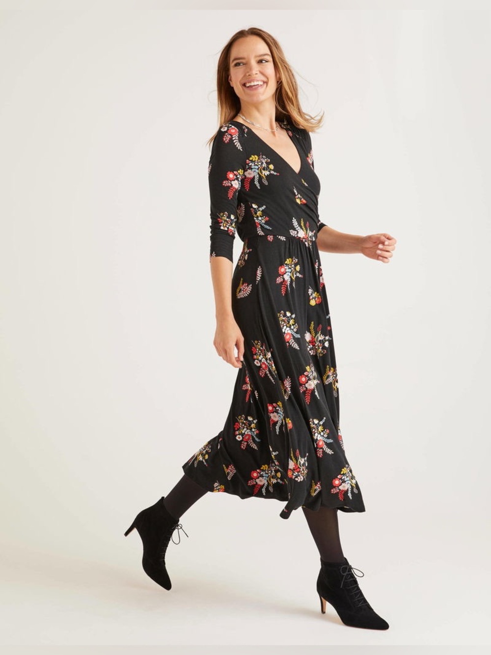 Boden Black Floral Midi Dress with Red and Pink Accents size 10 - Picture 2 of 14